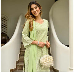 Women Light Green Cotton Chikankari Kurta Pant and Dupatta set
