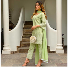Women Light Green Cotton Chikankari Kurta Pant and Dupatta set