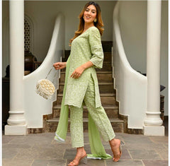Women Light Green Cotton Chikankari Kurta Pant and Dupatta set