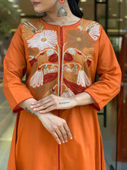Women Orange Cotton Embroidery Yoke Kurta Pant and Mulmul Dupatta set
