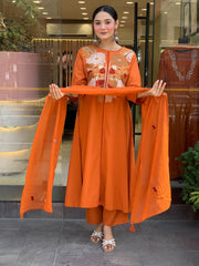 Women Orange Cotton Embroidery Yoke Kurta Pant and Mulmul Dupatta set