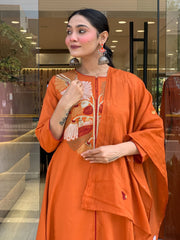 Women Orange Cotton Embroidery Yoke Kurta Pant and Mulmul Dupatta set
