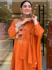 Women Orange Cotton Embroidery Yoke Kurta Pant and Mulmul Dupatta set
