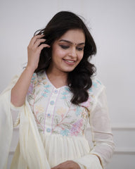 Women White Premium Cotton Embroidery Kurta Pant and Mulmul Dupatta set