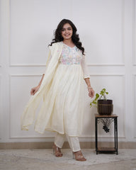 Women White Premium Cotton Embroidery Kurta Pant and Mulmul Dupatta set