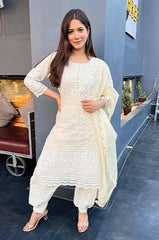 Premium Women Cream Cotton Chikankari Kurta Pant and Dupatta set