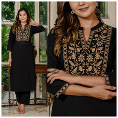 Women Black Cotton Embroidery Yoke Kurta Pant set
