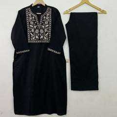 Women Black Cotton Embroidery Yoke Kurta Pant set