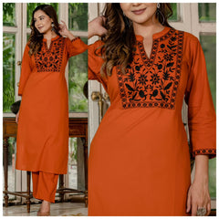 Women Tangerine Orange Cotton Embroidery Kurta Pant set