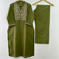 Women Green Cotton Embroidery Yoke Kurta Pant set