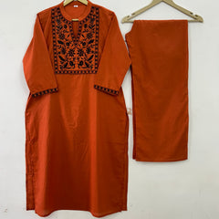 Women Tangerine Orange Cotton Embroidery Kurta Pant set