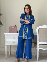 Women Blue Cotton Lace detailing Co-Ord set