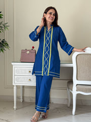 Women Blue Cotton Lace detailing Co-Ord set