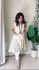 Women White Cotton Thread Detailing Kurta Pant set