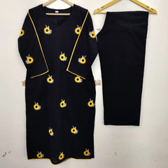 Women Black Cotton Sunflower Embroidery Kurta Pant set