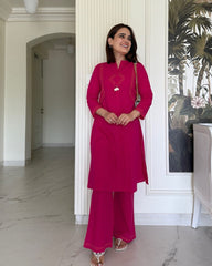 Women Pink Cotton Embroidery detailing Kurta Pant set