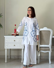 Women White Cotton Aari Thread Detailing Co-Ord set
