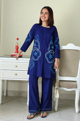 Women Blue Cotton Aari Thread Detailing Co-Ord set