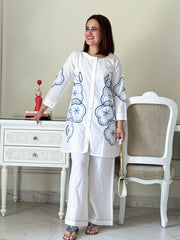 Women White Cotton Aari Thread Detailing Co-Ord set