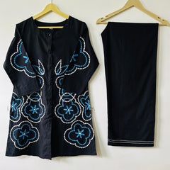 Women Black Cotton Aari Thread Detailing Co-Ord set