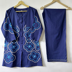 Women Blue Cotton Aari Thread Detailing Co-Ord set