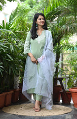 Women Green Cotton Manual Embroidery Kurta Pant and Dupatta set