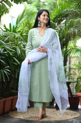 Women Green Cotton Manual Embroidery Kurta Pant and Dupatta set