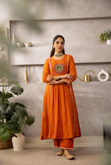 Women Orange Cotton Hans Embroidery Kurta Pant and Dupatta set