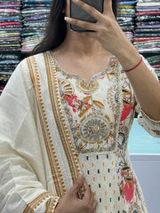 Women Cream Cotton Adda work Kurta Pant and Dupatta set