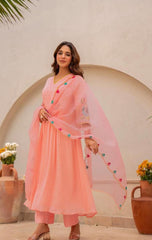 Women Blush Pink Cotton Embroidery Kodi Lace Kurta Pant and Dupatta set