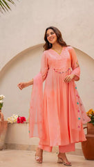 Women Blush Pink Cotton Embroidery Kodi Lace Kurta Pant and Dupatta set