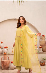 Women Yellow Cotton Embroidery Kodi Lace Kurta Pant and Dupatta set