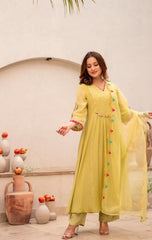 Women Yellow Cotton Embroidery Kodi Lace Kurta Pant and Dupatta set