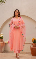 Women Blush Pink Cotton Embroidery Kodi Lace Kurta Pant and Dupatta set