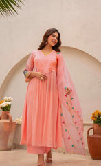Women Blush Pink Cotton Embroidery Kodi Lace Kurta Pant and Dupatta set