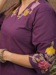 Women Purple Cotton Neck Embroidery Kurta Pant set