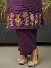 Women Purple Cotton Neck Embroidery Kurta Pant set