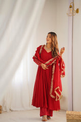 Women Beautiful Red Rayon Anarkali Kurta Pant and Dupatta set