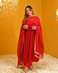 Women Beautiful Red Rayon Anarkali Kurta Pant and Dupatta set