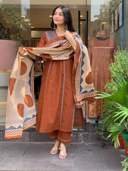 Women Rust Cotton Sequence work Kurta Pant and Dupatta set