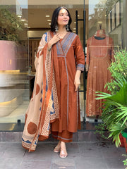 Women Rust Cotton Sequence work Kurta Pant and Dupatta set