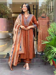 Women Rust Cotton Sequence work Kurta Pant and Dupatta set