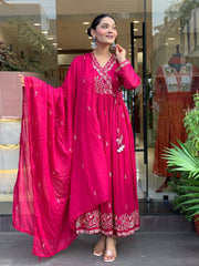 Women Pink Cotton Angrakha Kurta Pant and Dupatta set