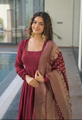 Women Red Cotton Deep Neck Anarkali Kurta Pant and Dupatta set