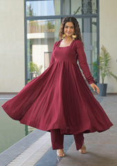 Women Red Cotton Deep Neck Anarkali Kurta Pant and Dupatta set