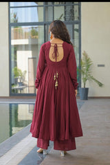 Women Red Cotton Deep Neck Anarkali Kurta Pant and Dupatta set