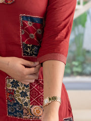Women Maroon Cotton Original Patch Kurta Pant and Dupatta set