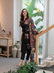 Women Black Cotton Original Patch Kurta Pant and Dupatta set