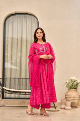Women Pink Cotton Embroidery Discharge Print Kurta Pant and Dupatta set
