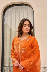 Women Orange Cotton Embroidery Discharge Print Kurta Pant and Dupatta set